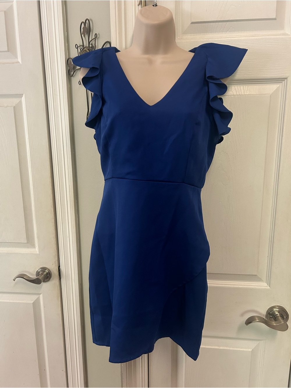 NWT V-Neck Ruffle Sleeve Chic Bodycon Dress in Royal Blue Elegant Dressy Mini